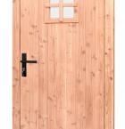 Douglas dichte enkele deur met ruitje 90x201 cm, rechtsdraaiend, zwarte hengen, zwart beslag, onbehandeld.