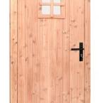 Douglas dichte enkele deur met ruitje 90x201 cm, linksdraaiend, zwarte hengen, zwart beslag, onbehandeld.