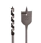 Speed en slangenboor set, met speedboor Ø 35 mm, slangenboor Ø 12 x 200 mm, en handleiding.