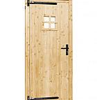 Vuren dichte enkele deur met ruitje 90x201 cm, rechtsdraaiend, zwarte hengen, zwart beslag, onbehandeld.