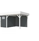 Vuren Topvision Tapuit, 300 x 300 en luifel 300 cm, wanden antraciet en basis wit.