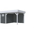 Vuren Topvision Tapuit, 300 x 300 en luifel 300 cm, wanden antraciet en basis lichtgrijs.