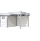 Vuren Topvision Tapuit, 300 x 300 en luifel 300 cm, wanden wit en basis lichtgrijs.