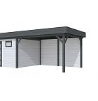 Vuren Topvision Tapuit, 300 x 300 en luifel 400 cm, wanden lichtgrijs en basis antraciet.