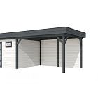 Vuren Topvision Tapuit, 300 x 300 en luifel 400 cm, wanden wit en basis antraciet.