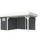 Vuren Topvision Tapuit, 300 x 300 en luifel 400 cm, wanden antraciet en basis wit.