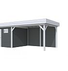 Vuren Topvision Tapuit, 300 x 300 en luifel 400 cm, wanden antraciet en basis lichtgrijs.