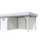 Vuren Topvision Tapuit, 300 x 300 en luifel 400 cm, wanden wit en basis lichtgrijs.