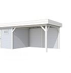 Vuren Topvision Tapuit, 300 x 300 en luifel 400 cm, wanden lichtgrijs en basis wit.