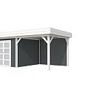 Vuren Topvision Bosuil, 300 x 300 en luifel 300 cm, wanden antraciet en basis wit.