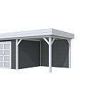 Vuren Topvision Bosuil, 300 x 300 en luifel 300 cm, wanden antraciet en basis lichtgrijs.