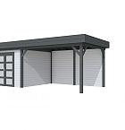 Vuren Topvision Bosuil, 300 x 300 en luifel 400 cm, wanden lichtgrijs en basis antraciet.