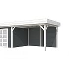 Vuren Topvision Bosuil, 300 x 300 en luifel 400 cm, wanden antraciet en basis wit.