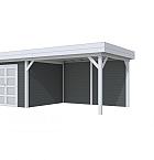 Vuren Topvision Bosuil, 300 x 300 en luifel 400 cm, wanden antraciet en basis lichtgrijs.