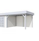 Vuren Topvision Bosuil, 300 x 300 en luifel 400 cm, wanden lichtgrijs en basis wit.