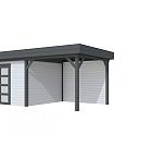 Vuren Topvision Parelhoen, 400 x 300 en luifel 300 cm, wanden lichtgrijs en basis antraciet.