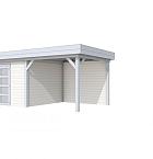 Vuren Topvision Parelhoen, 400 x 300 en luifel 300 cm, wanden wit en basis lichtgrijs.