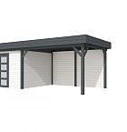 Vuren Topvision Parelhoen, 400 x 300 en luifel 400 cm, wanden wit en basis antraciet.