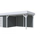 Vuren Topvision Parelhoen, 400 x 300 en luifel 400 cm, wanden antraciet en basis lichtgrijs.