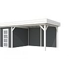 Vuren Topvision Kiekendief, 200 x 300 en luifel 400 cm, wanden antraciet en basis wit.