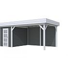 Vuren Topvision Kiekendief, 200 x 300 en luifel 400 cm, wanden antraciet en basis lichtgrijs.