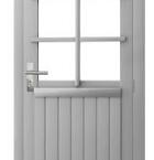 Vuren enkele 6-ruits deur inclusief kozijn, rechtsdraaiend, 90 x 201 cm, lichtgrijs gespoten.