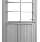 Vuren enkele 6-ruits deur extra breed inclusief kozijn, linksdraaiend, 112 x 201 cm, lichtgrijs gespoten.