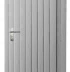 Vuren enkele dichte deur inclusief kozijn, rechtsdraaiend, 90 x 201 cm, lichtgrijs gespoten.