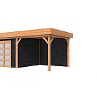 Douglas Topvision Roek, 298 x 298 en luifel 300 cm, wanden zwart geïmpregneerd en basis onbehandeld.