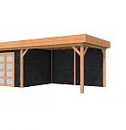 Douglas Topvision Roek, 298 x 298 en luifel 400 cm, wanden zwart geïmpregneerd en basis onbehandeld.