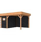 Douglas Topvision Raaf, 298 x 298 en luifel 300 cm, wanden zwart geïmpregneerd en basis onbehandeld.