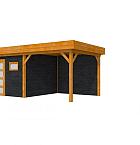 Douglas Topvision Raaf, 298 x 298 en luifel 300 cm, wanden zwart geïmpregneerd en basis transparant gespoten.