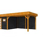 Douglas Topvision Raaf, 298 x 298 en luifel 400 cm, wanden zwart geïmpregneerd en basis transparant gespoten.