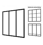 Industriële glaspui B, zwart gecoat aluminium raamwerk, 228,5 x 224 cm.