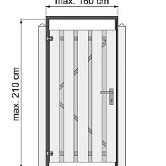 Tuindeurkozijn geschaafd naaldhout met aanslaglat, max. 160 cm breed, geïmpregneerd en zwart gedompeld.