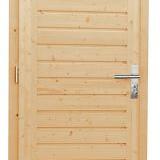 Vuren enkele dichte opdekdeur met 5-puntssluiting, rechtsdraaiend, 90 x 201 cm, onbehandeld.