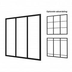 Industriële glaspui B, zwart gecoat aluminium raamwerk, 228,5 x 224 cm.