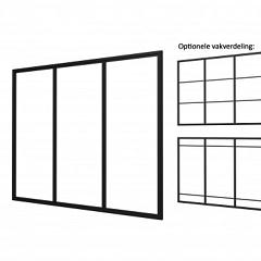 Industriële glaspui C, zwart gecoat aluminium raamwerk, 278,5 x 224 cm.