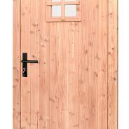 Douglas dichte enkele deur met ruitje 90x201 cm, rechtsdraaiend, zwarte hengen, zwart beslag, onbehandeld.