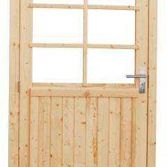 Vuren enkele 6-ruits deur extra breed inclusief kozijn, rechtsdraaiend, 112 x 201 cm, onbehandeld.