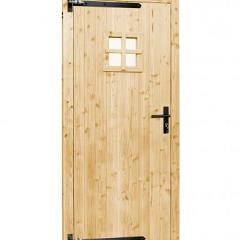 Vuren dichte enkele deur met ruitje 90x201 cm, linksdraaiend, zwarte hengen, zwart beslag, onbehandeld.