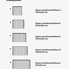 Glazen schuifwand Deluxe C (278,5x224 cm), zwart (RAL9005), inclusief RVS knop, tochtstrippen en meenemers.
