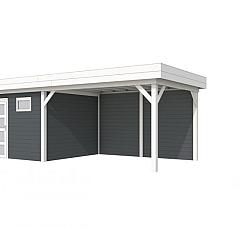 Vuren Topvision Tapuit, 300 x 300 en luifel 400 cm, wanden antraciet en basis wit.