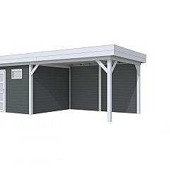 Vuren Topvision Tapuit, 300 x 300 en luifel 400 cm, wanden antraciet en basis lichtgrijs.