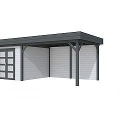Vuren Topvision Bosuil, 300 x 300 en luifel 400 cm, wanden lichtgrijs en basis antraciet.
