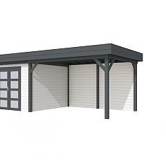 Vuren Topvision Bosuil, 300 x 300 en luifel 400 cm, wanden wit en basis antraciet.