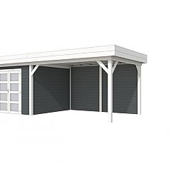 Vuren Topvision Bosuil, 300 x 300 en luifel 400 cm, wanden antraciet en basis wit.