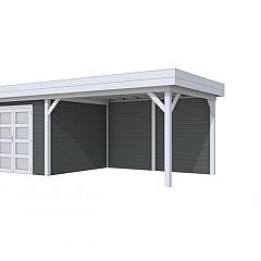 Vuren Topvision Bosuil, 300 x 300 en luifel 400 cm, wanden antraciet en basis lichtgrijs.