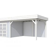 Vuren Topvision Bosuil, 300 x 300 en luifel 400 cm, wanden wit en basis lichtgrijs.