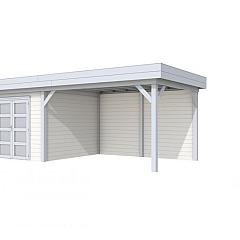 Vuren Topvision Bosuil, 300 x 300 en luifel 400 cm, wanden lichtgrijs en basis wit.